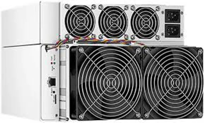 An Antminer style ASIC miner: a metal case with two large cooling fans and a power supply with three small fans on top