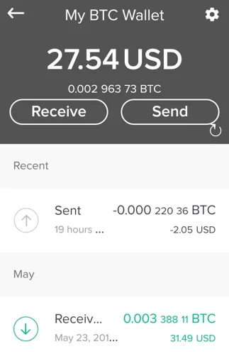 A Bitcoin wallet app showing a balance in dollars and bitcoin, Receive and Send buttons, and recent transactions